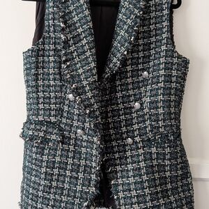 Rachel Zoe Tweed Double-Breasted Vest - Black, White, and Green